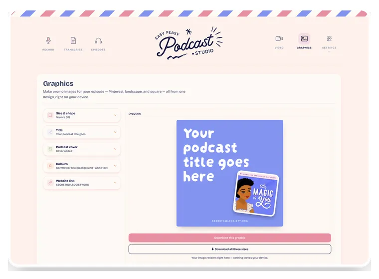 The graphics screen of the Easy Peasy Podcast Studio, making a square promo image