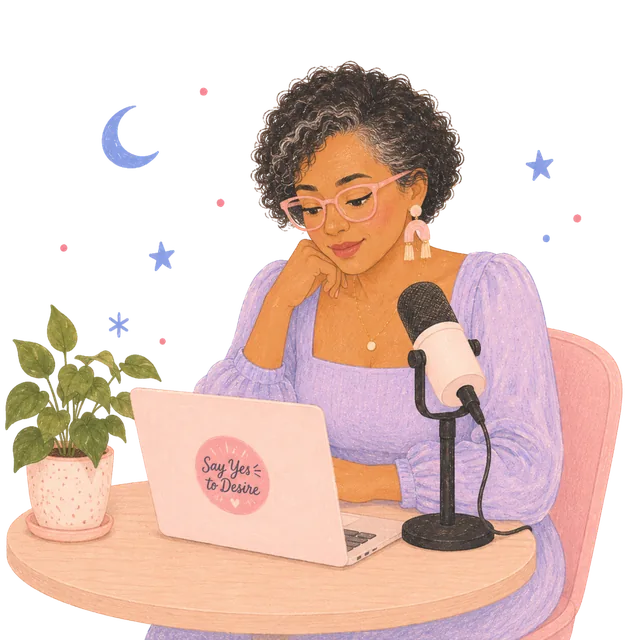 An illustrated woman recording at a laptop with a microphone