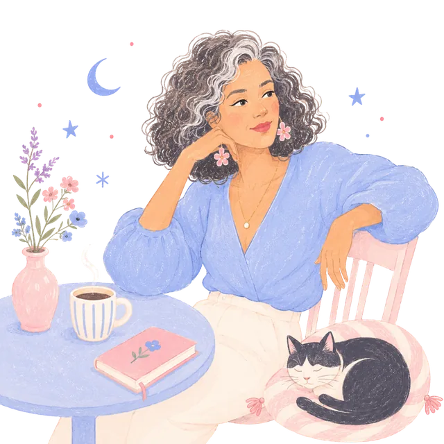 An illustrated woman sitting at a cafe table with coffee, a book and a sleeping cat